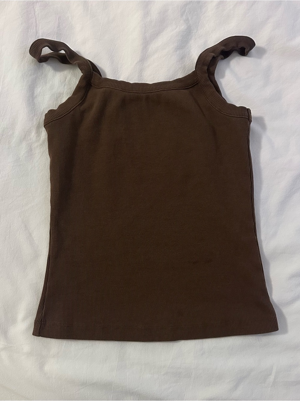Djerf Avenue Brown Ribbed Ruffle-Strap Tank Top